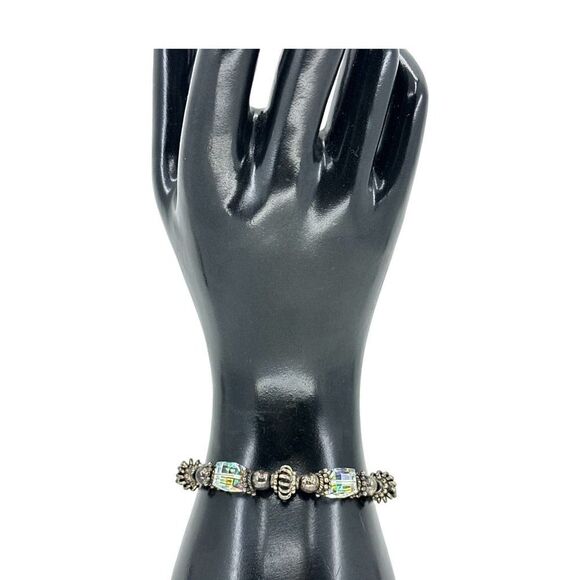 Aurora Borealis Sterling Silver Ball Textured Toggle Bracelet - Picture 5 of 7